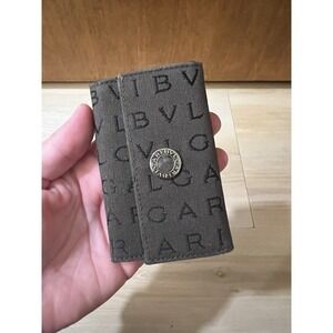BVLGARI Key Chain‎ Gray Black Canvas/Leather Keys Holder Key Fob Made in Italy